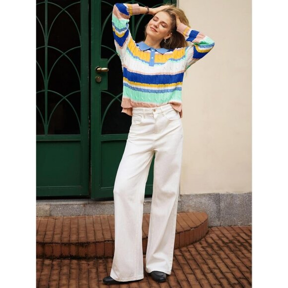 Cicy Bell Sweater Shirts Womens White Blue Long Sleeve Knit Pullover Tops - Picture 6 of 6